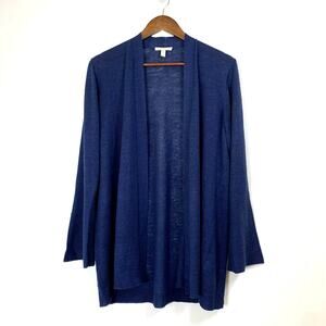 Eileen Fisher Open Cardigan 100% Organic Linen sz Medium Dark Indigo Bell Sleeve